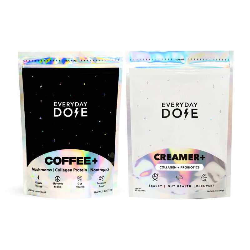30 Servings Mushroom Coffee and Collagen Coconut Creamer bundle by Everyday Dose in black and white resealable bags