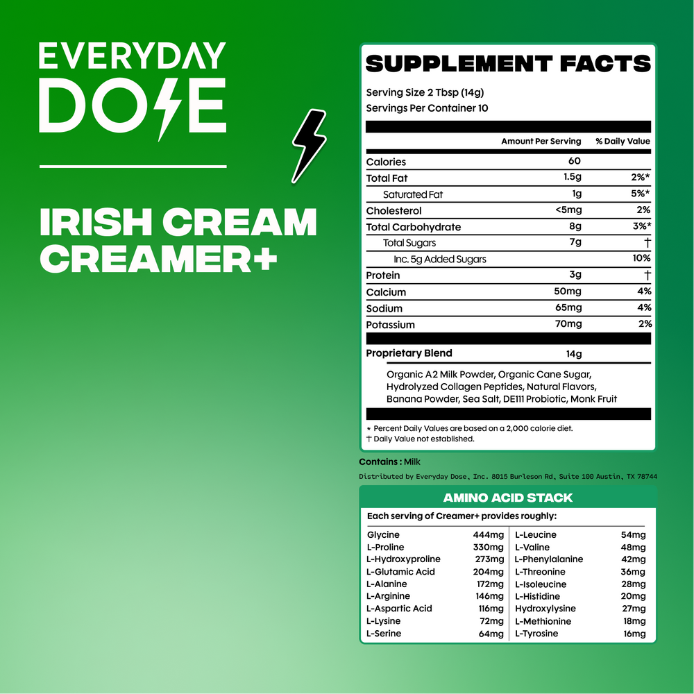 Supplement facts panel for Irish Cream Creamer+ showing nutrition, proprietary blend, and amino acid content on green background