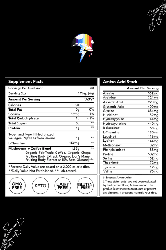 90 Servings Jumbo Bag supplement facts panel showing amino acid profile and nutritional information with rainbow logo