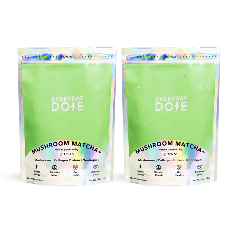 60-Servings Mushroom Matcha + pouch packaging with mushrooms, collagen protein, and nootropics for mood and gut health.