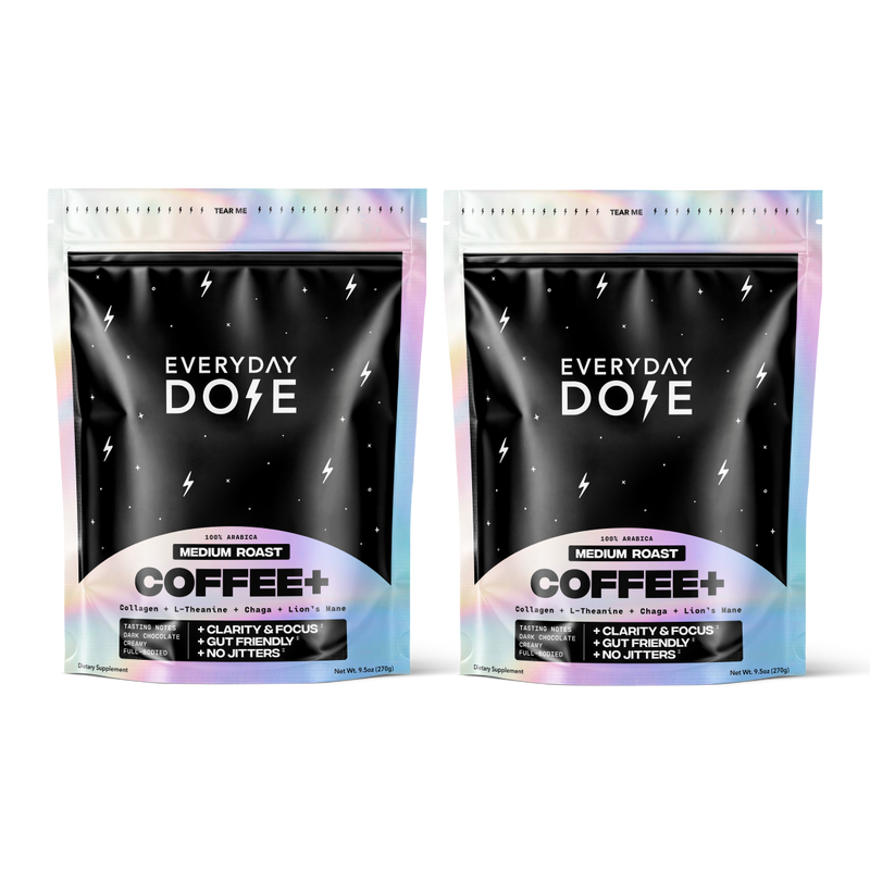 Front view of two Everyday Dose Coffee+ Medium Roast pouches with colorful holographic edges, gallery position one.