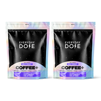 Two square black resealable pouches of Everyday Dose mild roast Coffee+ side by side, gallery position 1, 1139x1139 pixels.