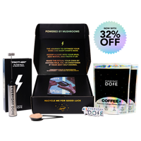 Starter Kit 60 Servings bundle with black packaging, mushroom coffee packets, metal spoon and USB frother