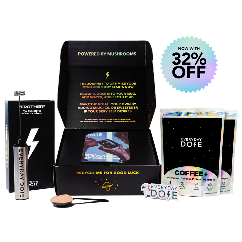 Starter Kit 60 Servings bundle with black packaging, mushroom coffee packets, metal spoon and USB frother
