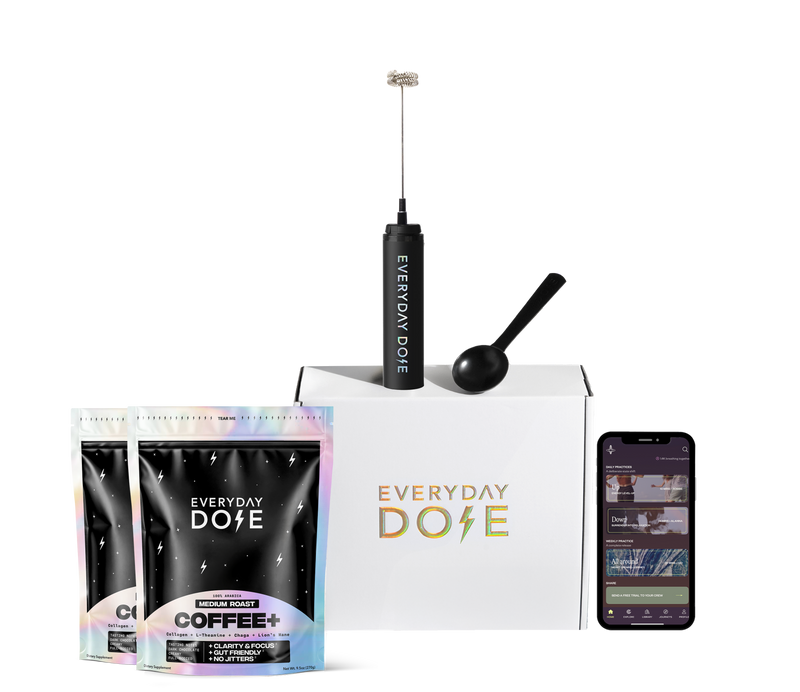 Coffee brewing kit including two medium roast coffee bags, frother, scoop, branded box, and smartphone app display