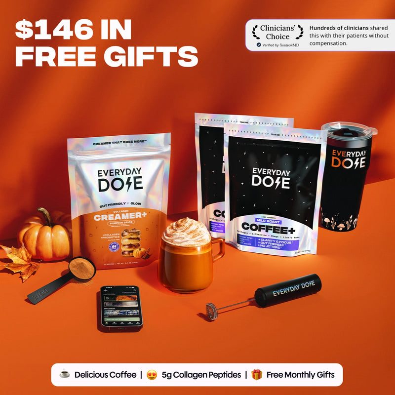 Everyday Dose coffee products with creamer and coffee bags mug handheld frother phone pumpkins and gift promotion