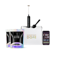 60 servings Coffee+ mild roast with USB frother, gunmetal scoop, Everyday Dose starter kit box, and app in gallery 1