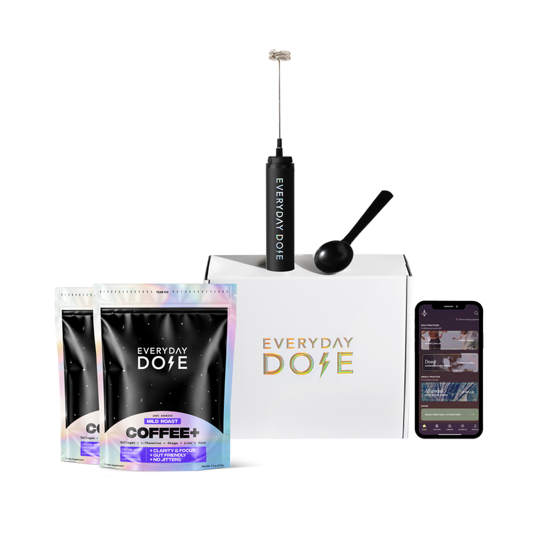 60 servings Coffee+ mild roast with USB frother, gunmetal scoop, Everyday Dose starter kit box, and app in gallery 1