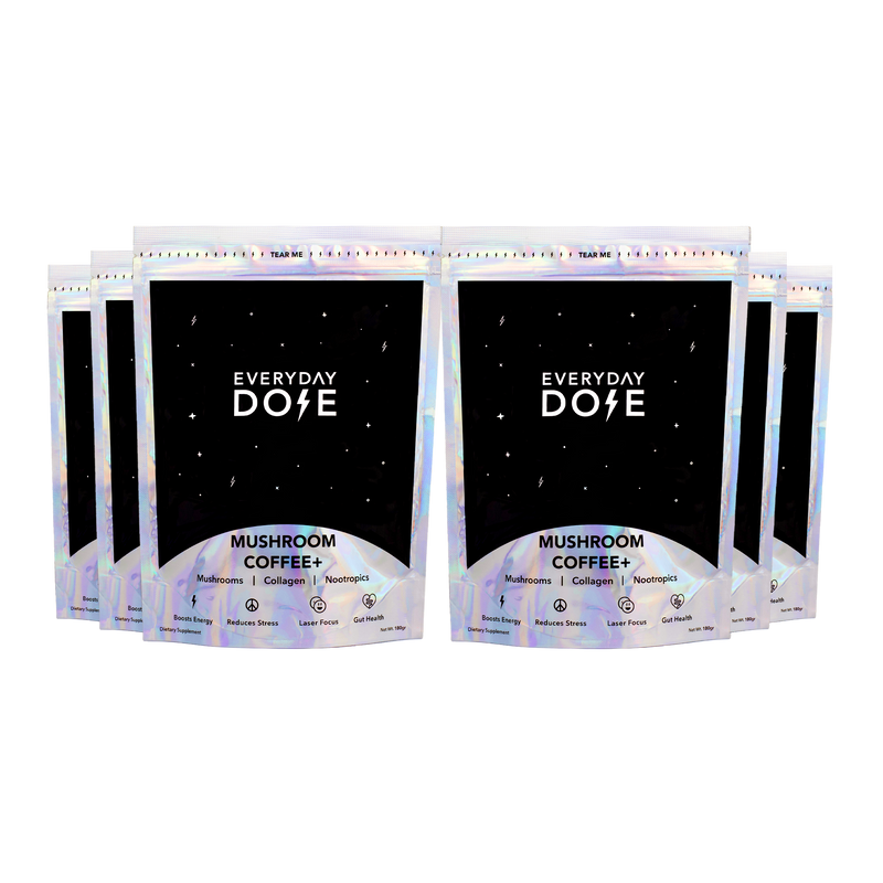 Double Annual Plan Everyday Dose mushroom coffee packets with holographic packaging design on black background