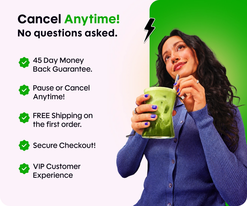 Cancel Anytime No questions asked. Graphic highlights a 45 Day Money Back Guarantee and free first order shipping