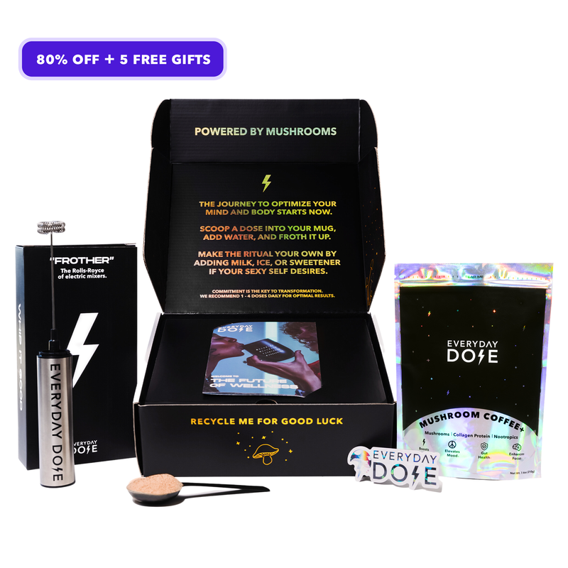 Mushroom Coffee starter kit with 30 servings displayed with packaging, scoop, and instructions in black premium box