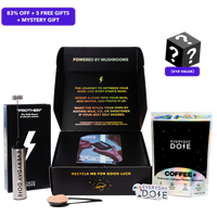 Mushroom coffee starter kit with 30 servings, black packaging, mystery gift box and bonus accessories displayed on white background
