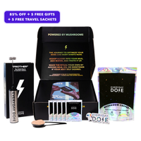 Mushroom coffee starter kit with 30 servings, bonus starter pack and travel sachets in elegant black packaging display