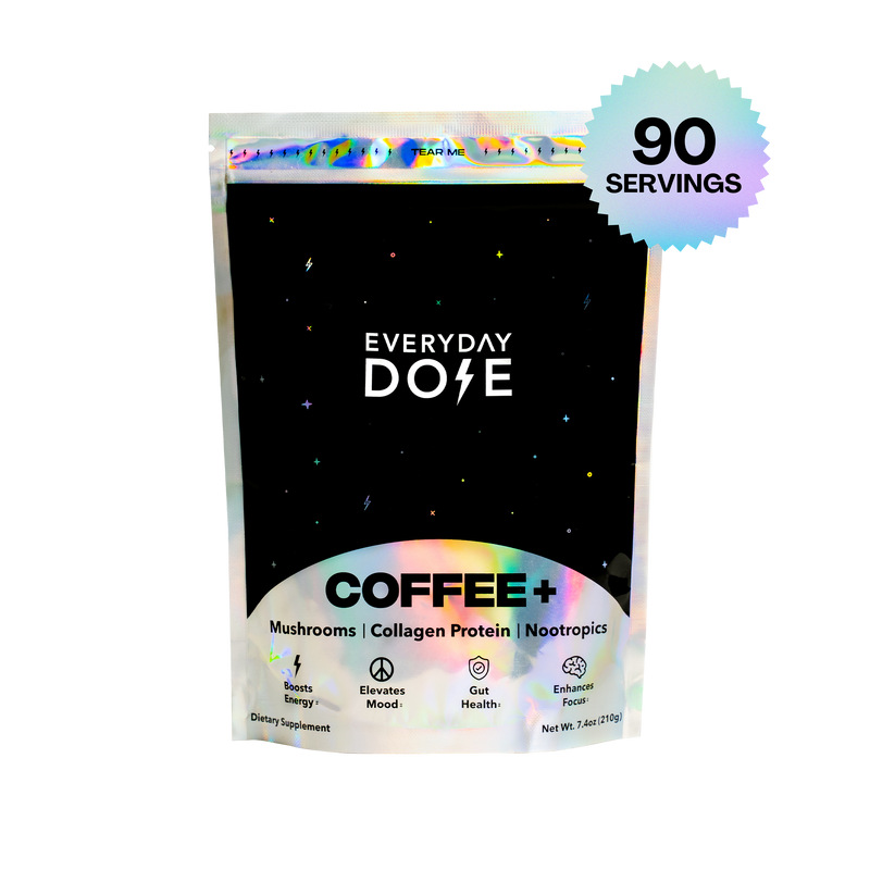 Upgrade to 90 Servings Coffee Plus package with mushrooms, collagen protein and nootropics in holographic design