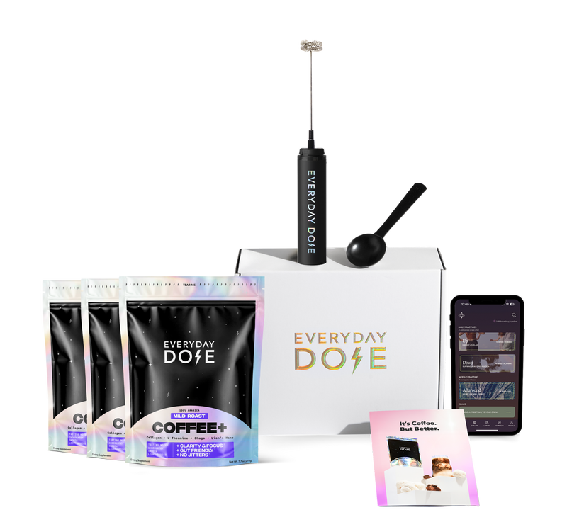 Daily coffee kit with four mild roast coffee bags, frother, scoop, box, brochure, and smartphone showing app.