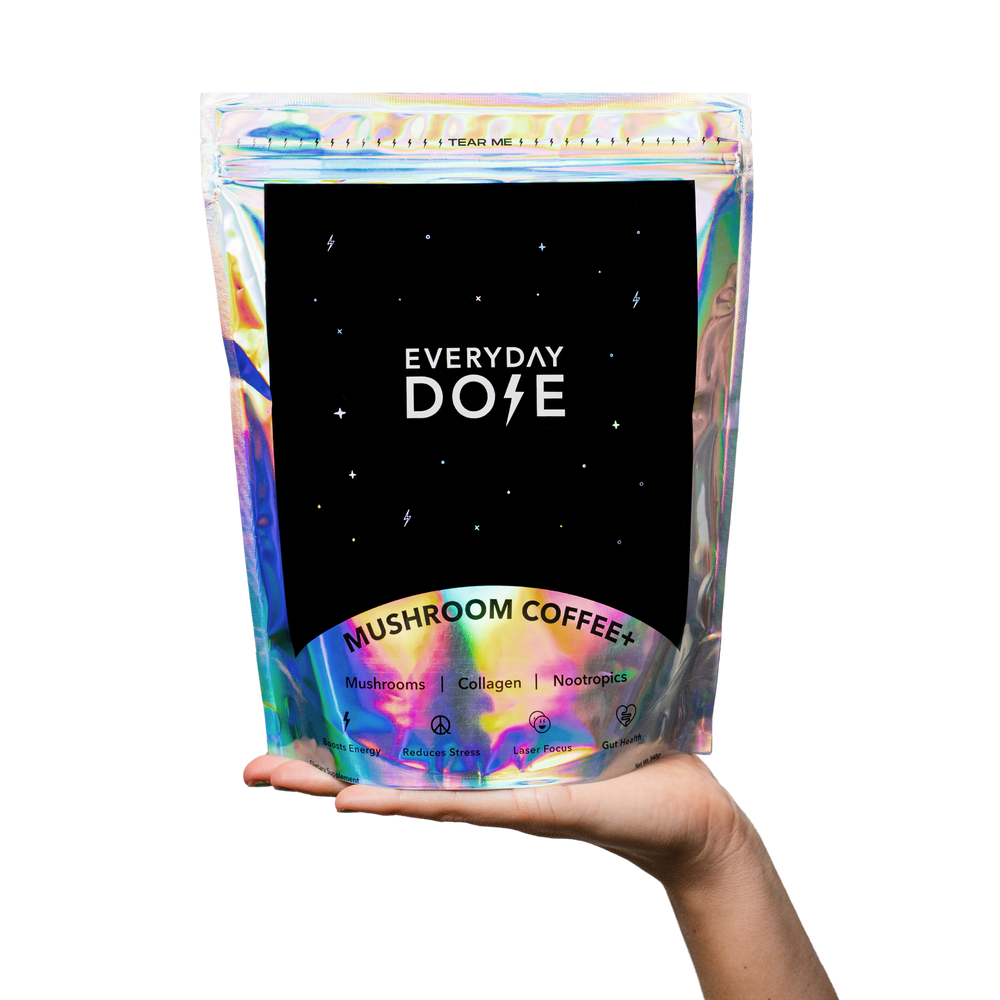 Replacement 90 Servings Jumbo Bag holographic packaging of mushroom coffee with iridescent design and black label