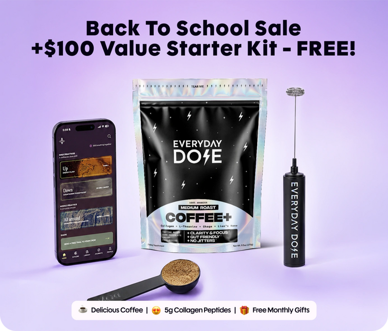 Front of Coffee+ pouch with scoop and frother on purple background; headline ‘Back To School Sale — free starter kit’