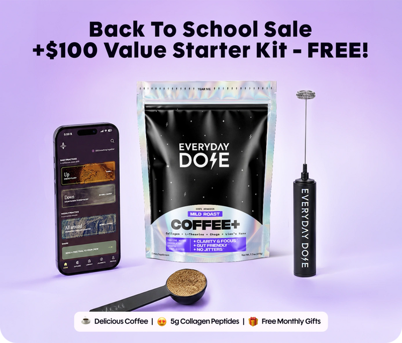 Front view of Everyday Dose Coffee+ pouch showcasing Back to School Sale starter kit free with scoop on purple background