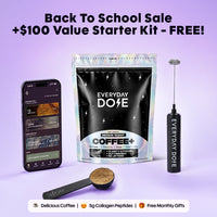 Promotional banner showing Back To School sale offering a free 100 dollar starter kit and Everyday Dose Coffee plus pouch
