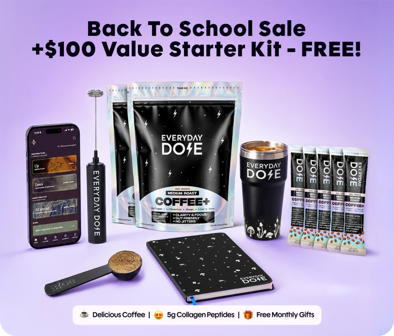 Front of Everyday Dose starter kit showcasing Coffee Plus bags and tumbler on purple background; banner Back To School Sale
