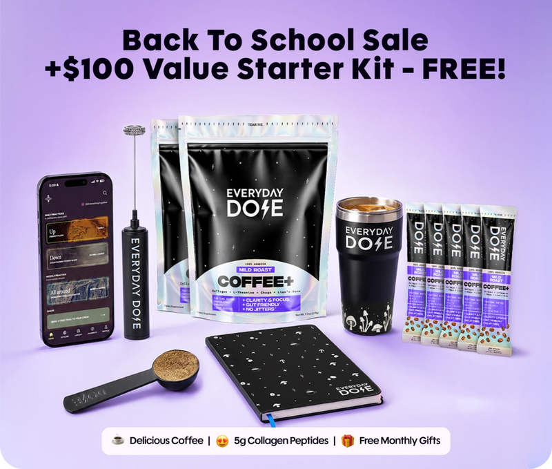 Front view of Everyday Dose Coffee Plus starter kit on purple background; overlay: Back to School sale free starter kit
