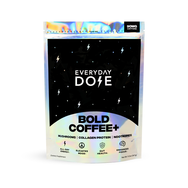 EVENTS 30 Servings Bold Coffee+ package with holographic design featuring lightning bolts and health benefit icons on black background