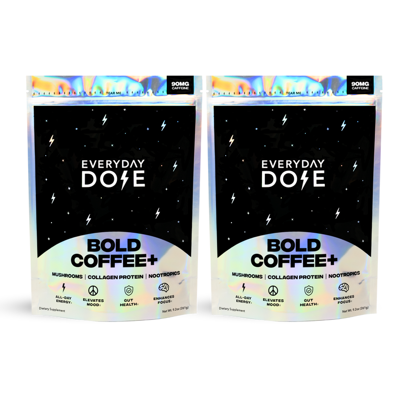 60-Servings Bold Coffee Plus packets with mushrooms, collagen protein and nootropics in black packaging with lightning bolts