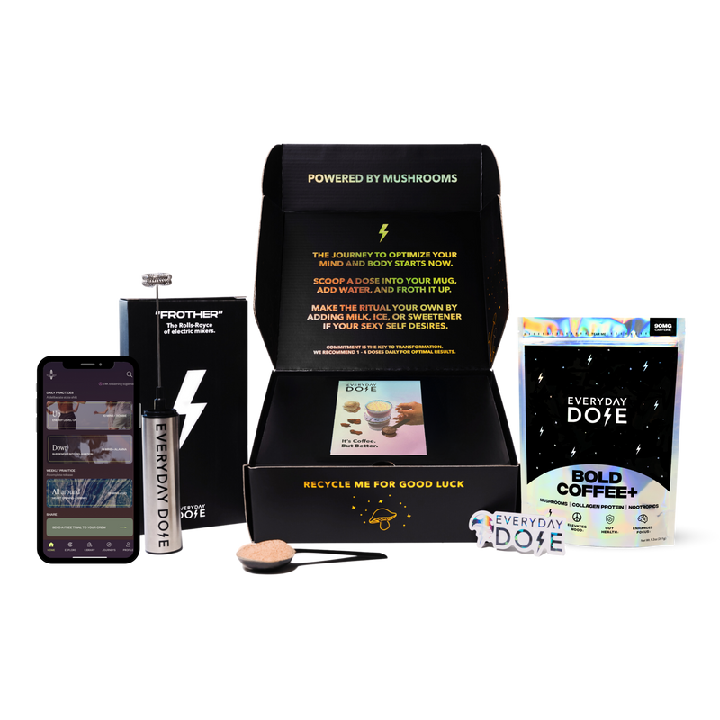 Bold Coffee starter kit with 30 servings, featuring mushroom blend, collagen protein and instructions in black box