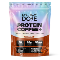 Colorful packet of caramel-flavored protein coffee mix with nutritional info and tasting notes on front