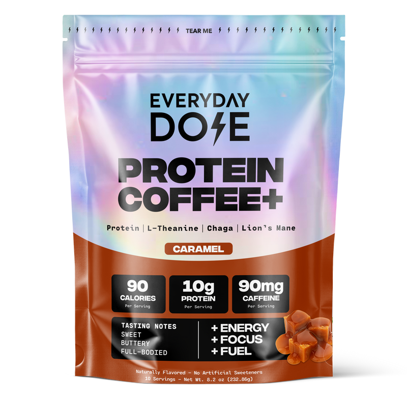 Colorful packet of caramel-flavored protein coffee mix with nutritional info and tasting notes on front