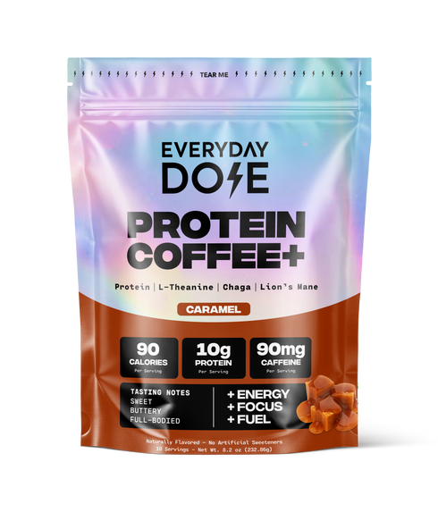 Front view of Everyday Dose Protein Coffee+ Caramel pouch showcasing 10g protein, 90 calories, and 90mg caffeine on iridescent gradient background