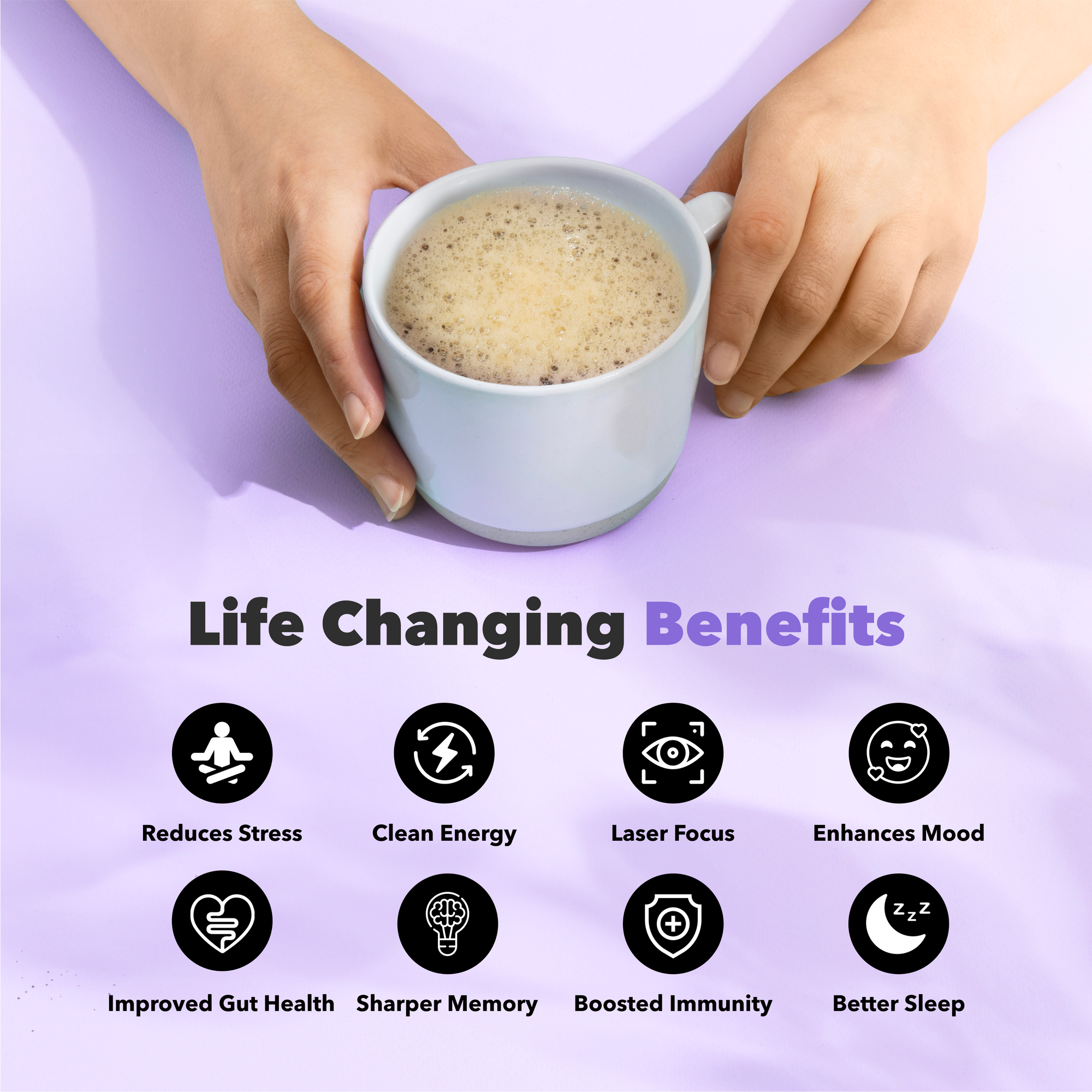 Mushroom Coffee with FREE Starter Kit showing mug of creamy coffee and health benefit icons on purple background