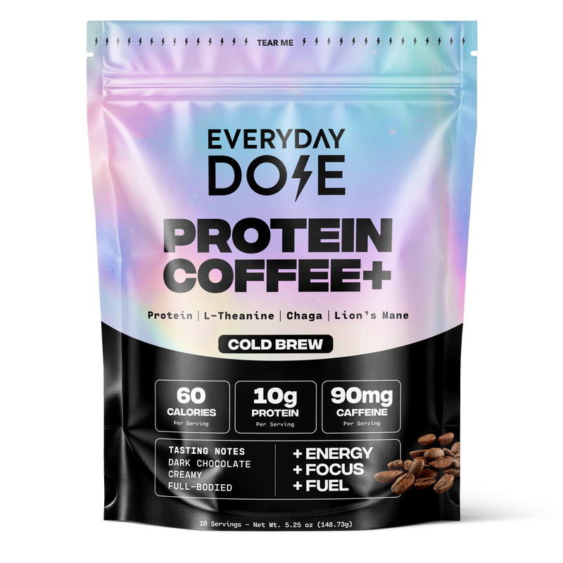 Colorful package of protein coffee cold brew with nutrition facts and coffee beans on a black background