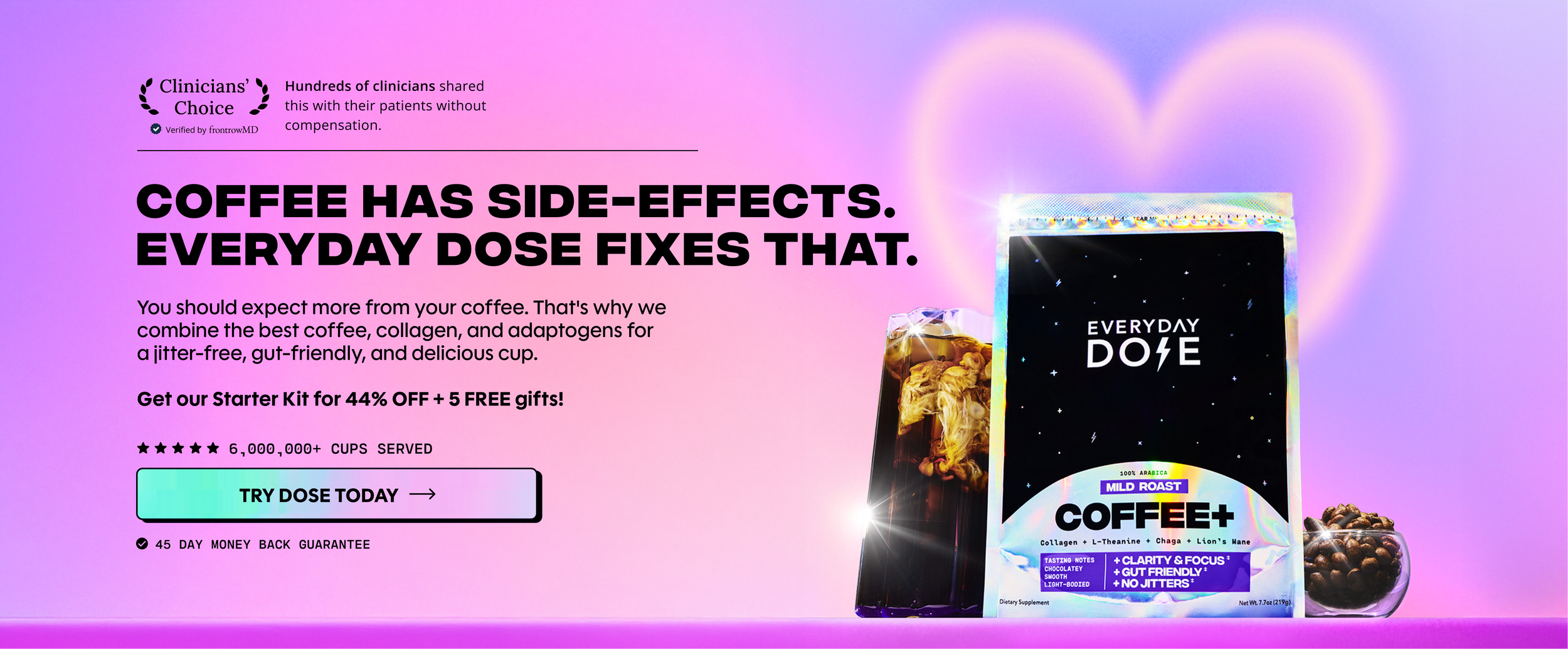 Coffee pouch labeled Everyday Dose Coffee+ with glass of iced coffee and bowl of coffee beans on purple background with heart-shaped light.