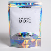Collagen Coconut Creamer+ package with holographic design and Everyday Dose branding on white resealable pouch