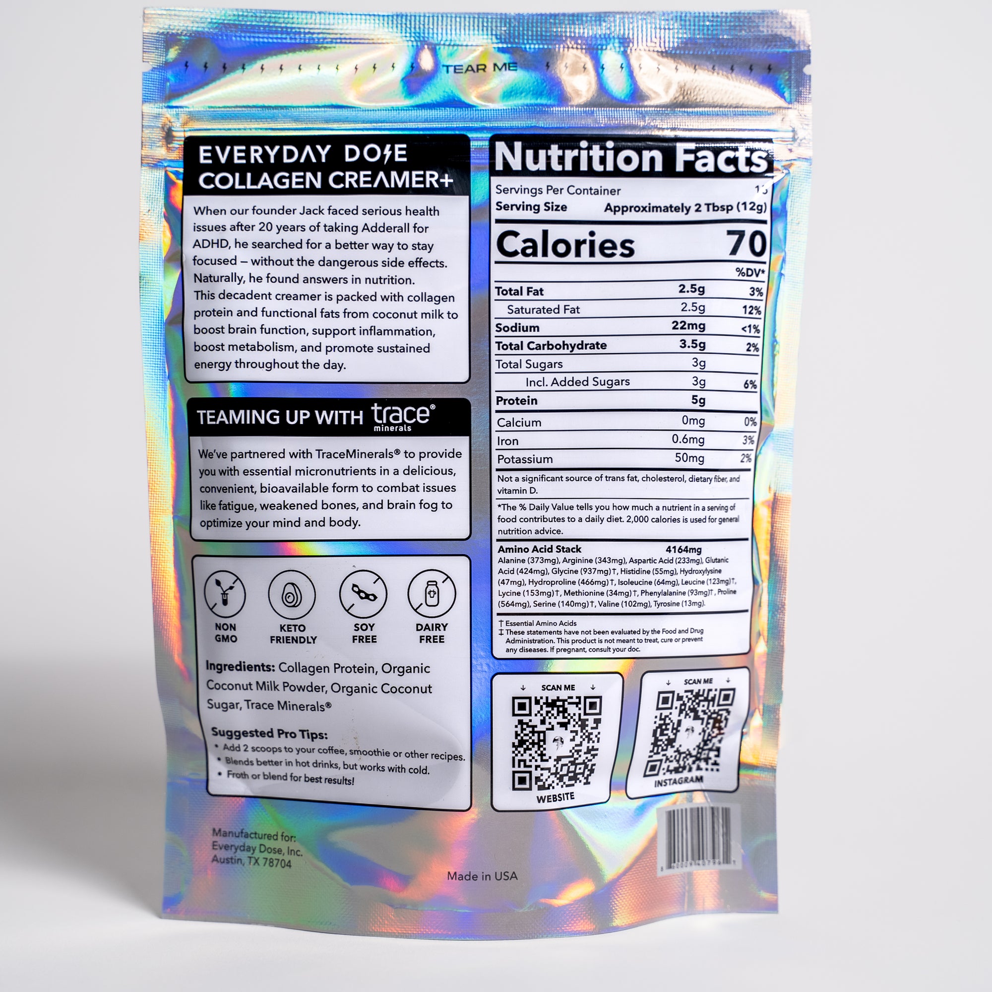 Holographic package of Collagen Coconut Creamer+ showing nutrition facts and product information on silver reflective pouch