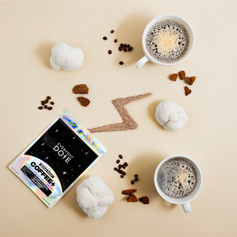 30-Servings Coffee+ Medium Roast packet with coffee cups, coffee beans, and mushroom powder on beige background