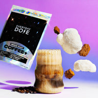 30-Servings Coffee+ Medium Roast bag with coffee beans and a creamy iced coffee drink on a purple background