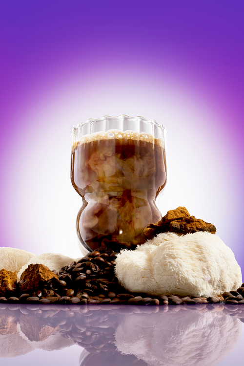 30 Servings Bold Coffee starter kit with creamy drink, coffee beans, mushroom powder and collagen on purple background