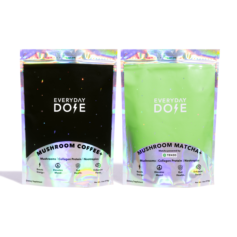 Coffee and Matcha Bundle featuring black coffee and green matcha powder pouches with holographic packaging design