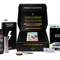 Collection of products including a phone, coffee package, and other items with branding on a white background.