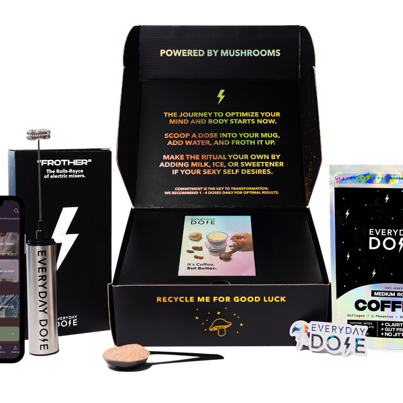 Collection of products including a phone, coffee package, and other items with branding on a white background.