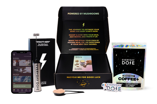 Collection of products including a phone, coffee package, and other items with branding on a white background.