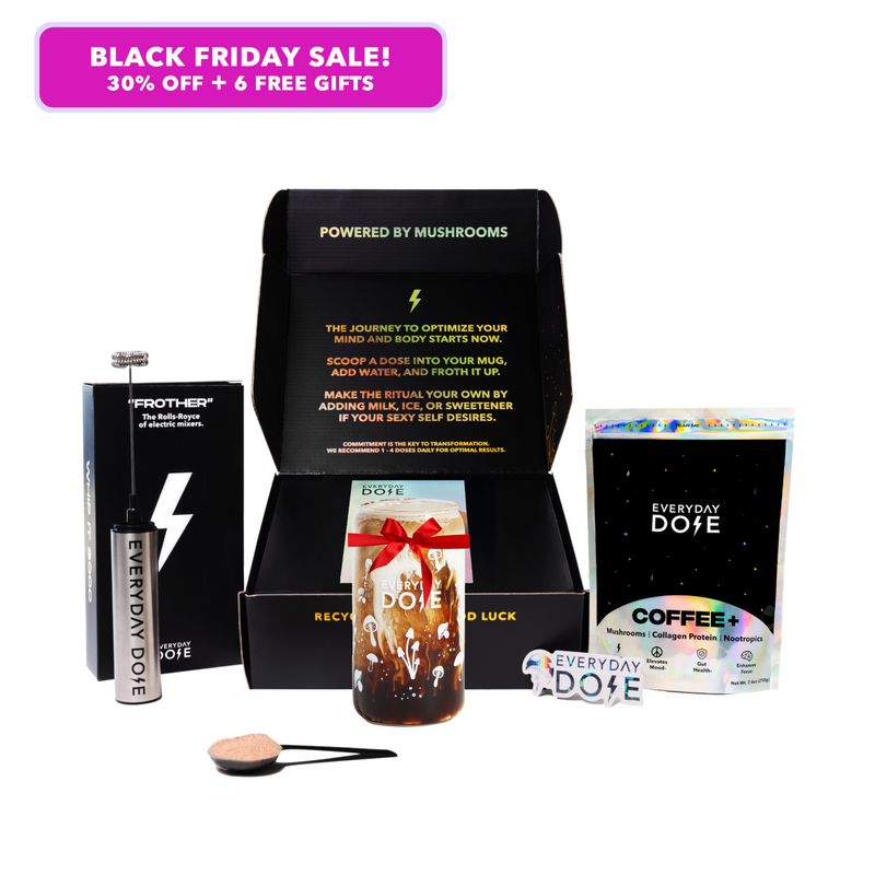 30 Serving of Mushroom Coffee + FREE Starter Kit + 1 FREE Mushroom Glass with coffee powder and frother kit displayed