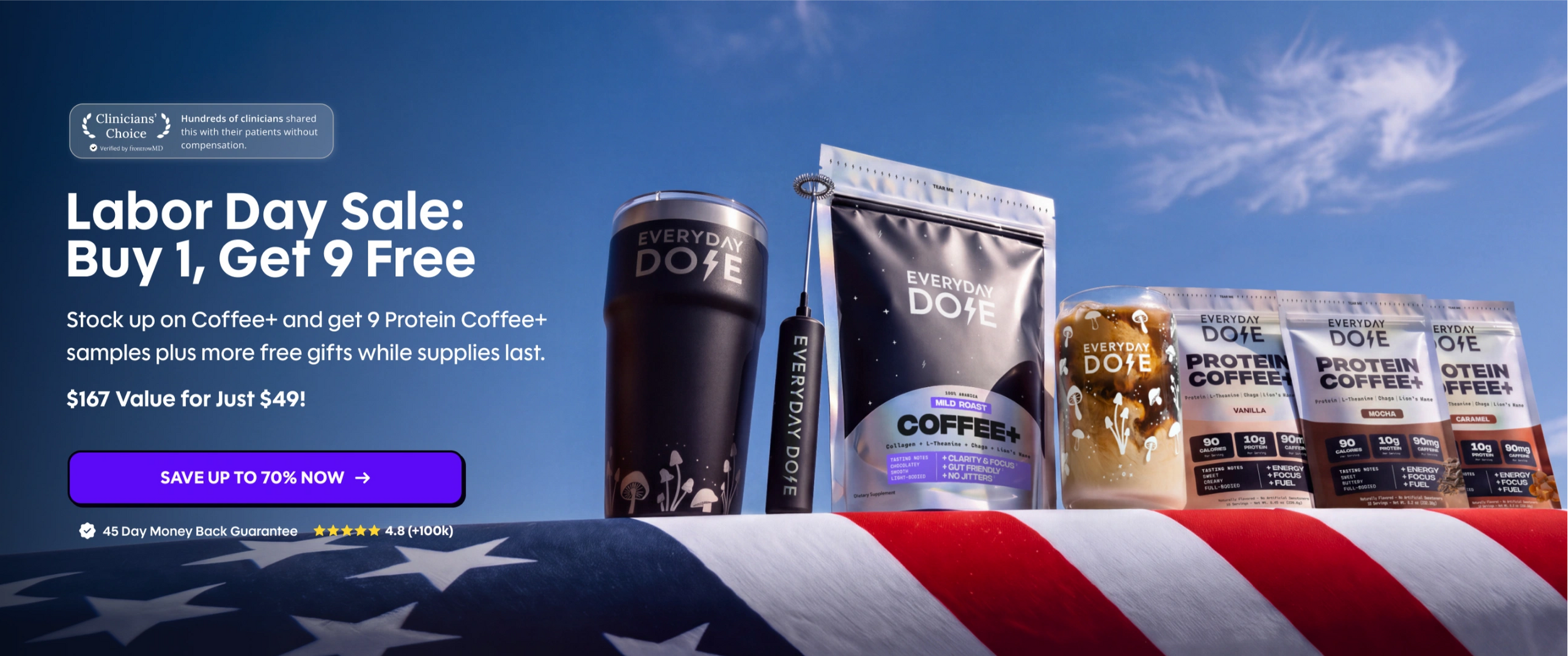 Promotional banner for EverDose Coffee featuring a black tumbler, protein coffee pouch, and protein powder bags arranged on top of an American flag against a blue sky. Text advertises a Labor Day Sale: buy 1, get 9 free.