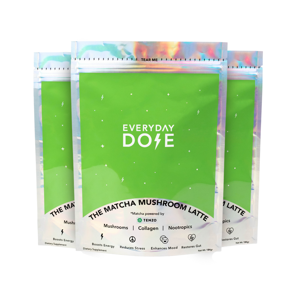 REPLACEMENT 90 Servings Mushroom Matcha powder packets with green packaging and holographic details