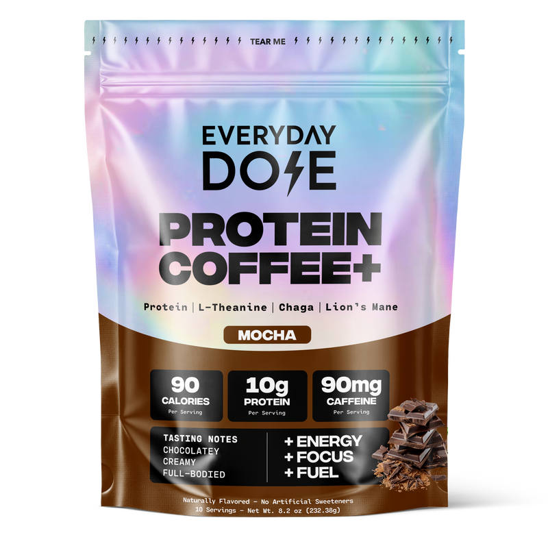 Everyday Dose Protein Coffee Mocha flavor package with nutrition details and energy benefits on gradient background