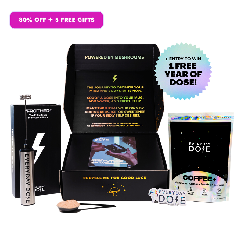 30 Serving of Mushroom Coffee + FREE Starter Kit showcasing mushroom coffee, electric mixer, and promotional giveaway special.