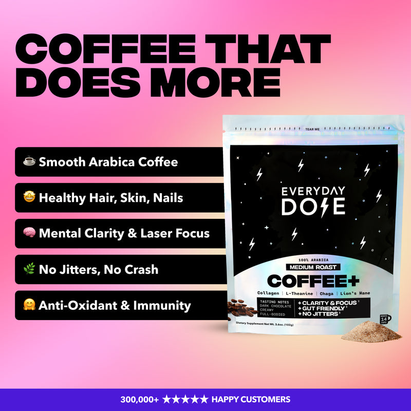 Banner ‘COFFEE THAT DOES MORE’ with Everyday Dose mushroom coffee bag and benefits: smooth Arabica, focus, no jitters