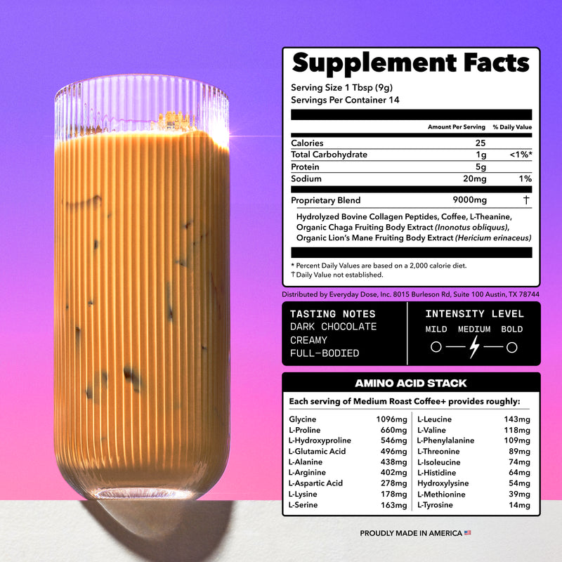 Supplement facts panel and amino acid table showing nutrition, tasting notes, and intensity beside a glass of iced Mushroom Coffee on purple background
